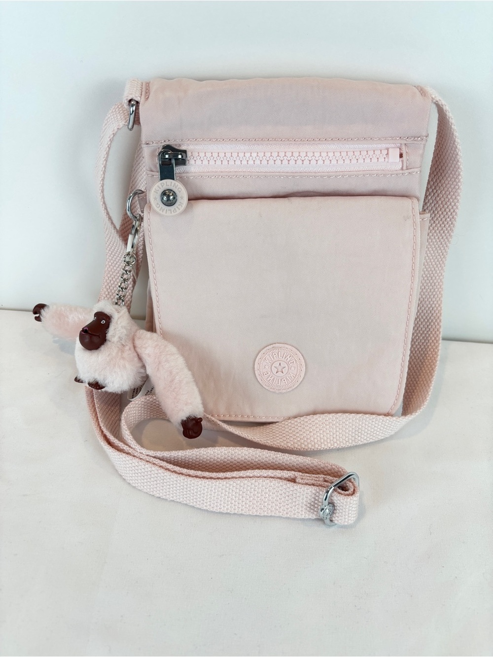 Kipling Pink Crossbody Purse Barbara Nylon Fuzzy Monkey Keychain Small Bag EUC